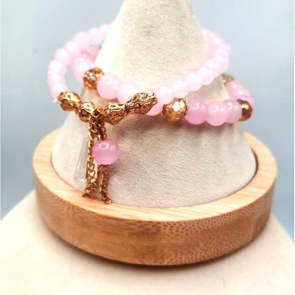 Pink Blush Quartz Beaded Bracelet With Gold Tone Bead Accents - Picture 1 of 5